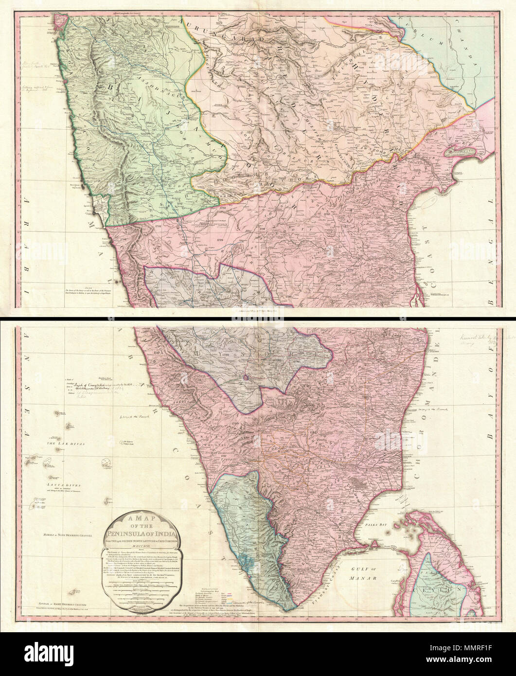 . Inglese: questa mappa (noti come "terza edizione"), creata immediatamente dopo la quarta Guerra Anglo-Mysore (1798-1799), si basa sulla 1793 Faden mappa (senza qualsiasi versione nota), creato subito dopo la terza guerra Anglo-Mysore (1789-92) e la successiva divisione territoriale e perdita da parte del Regno di Mysore attraverso il 1792 Trattato di Seringapatam. La sola differenza dalla vecchia mappa è in territorio politico, mostrando grande espansione del territorio della British East India Company (oltre che acquisita dal 1792 Trattato di Seringapatam), e l'ora molto più piccolo Stato principesco di Mysore Foto Stock