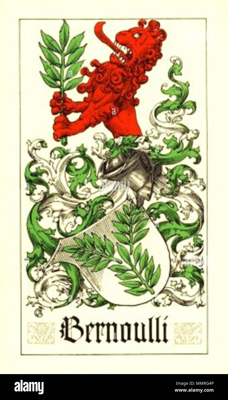 . Wappen der Familie Bernoulli: Als Stammvater wird der niederländische Leon protestante angesehen Bernoulli, der als Arzt in Antwerpen wirkte. Sein Sohn Giacobbe emigrierte Bernoulli um 1570 aus Glaubensgründen nach Frankfurt am Main. Dessen Enkel Jacob Bernoulli ließ sich um 1620 a Basilea nieder und erwarb dort 1622 die Bürgerrechte. Bernoulli-Wappen Foto Stock