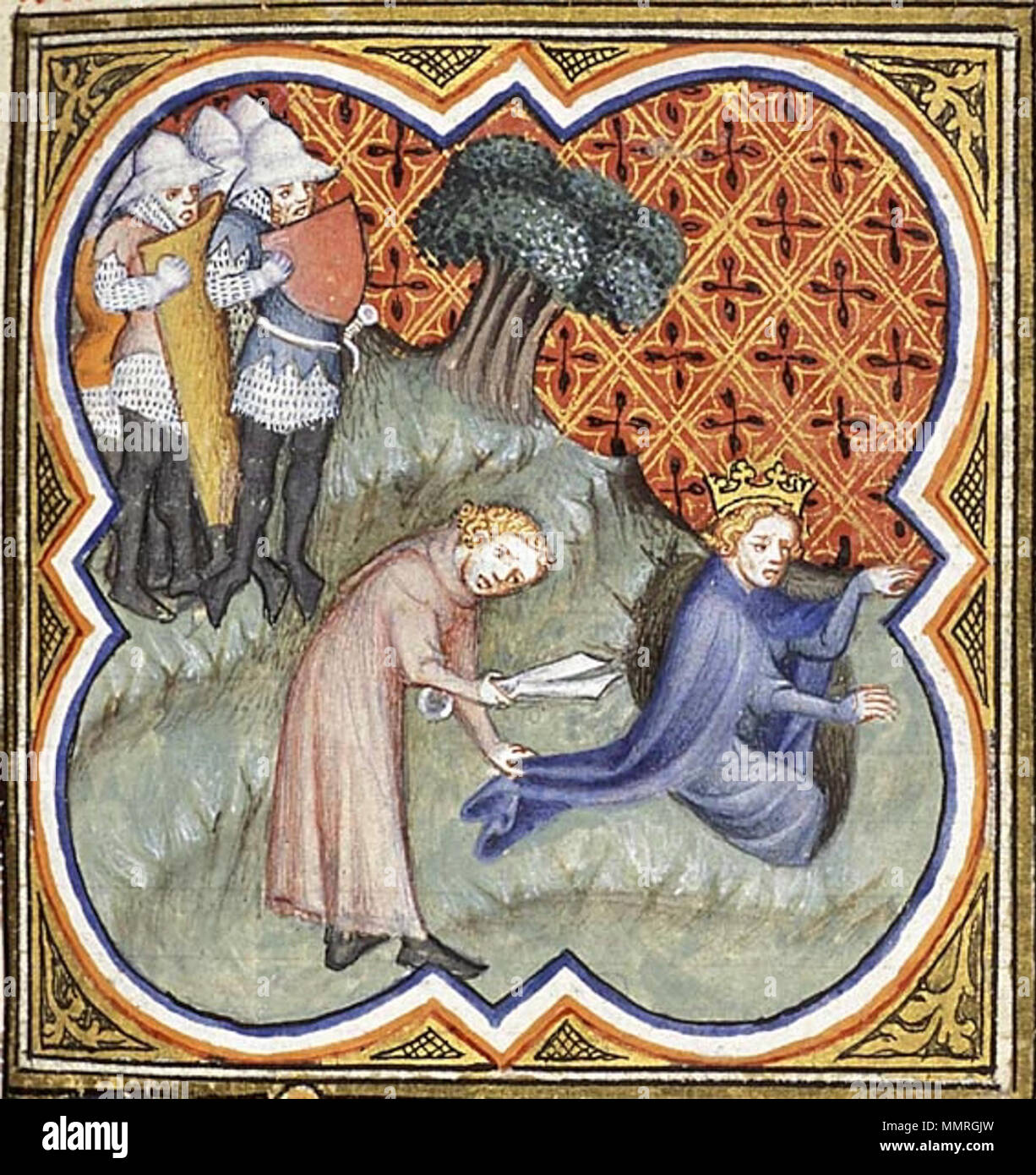 . Den Haag, MMW, 10 B 23 138r Handschriften: Den Haag, MMW, 10 B 23 Iconclass Themas: 71H234 David taglia un pezzo di Saul la veste Koningen 1 (1 Samuël) David snijdt een stuk van de mantel van Saul Afmeting: 72x69 mm Francia, 1372 Data: 1372 Tecnica: posizione in miniatura: Museo Meermanno Westreenianum, l'Aia Note: da Petrus Comestor 'Bibbia Historiale" (manoscritto 'Den Haag, MMW, 10 B 23') Oggetto: Saul risparmiata la vita . 1372. Sconosciuto; Illustrator di Petrus Comestor 'Bibbia Historiale', la Bibbia Historiale 002 Foto Stock