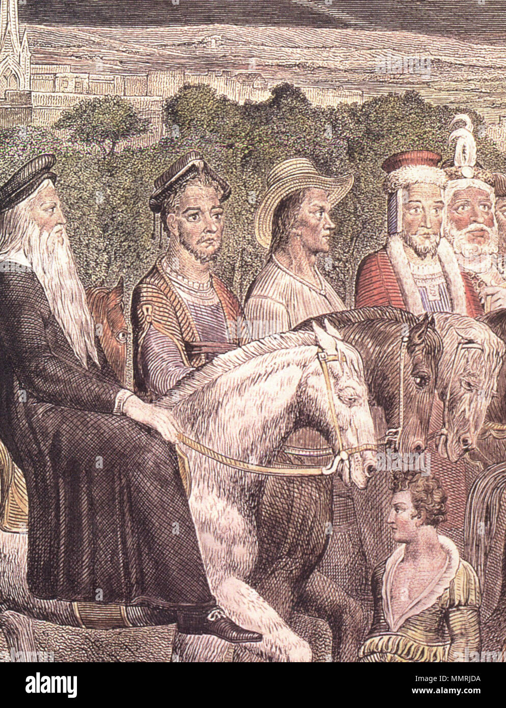 . Inglese: un dettaglio di Chaucer di Canterbury pellegrini da William Blake, incisione su rame, 2° membro (1810). Incisione su rame, con aggiunte in acquerello dall'artista firma e impronta, dipinta a fresco da William Blake & da lui incisi & Pubblicato 8 ottobre. 1810, n. 28. Angolo di Broad Street Golden Square; inscritta sotto: Chaucers Canterbury pellegrini, e con i nomi dei pellegrini, Reeve, Chaucer, Cancelliere della Oxenford, Cook, Miller, moglie di Bath, commerciante, Parson, uomo di legge, Plowman, medico di Franklin, 2 cittadini, Shipman, l'Host, Sompnour, Manciple, Pardoner, Monaco, frate, Foto Stock