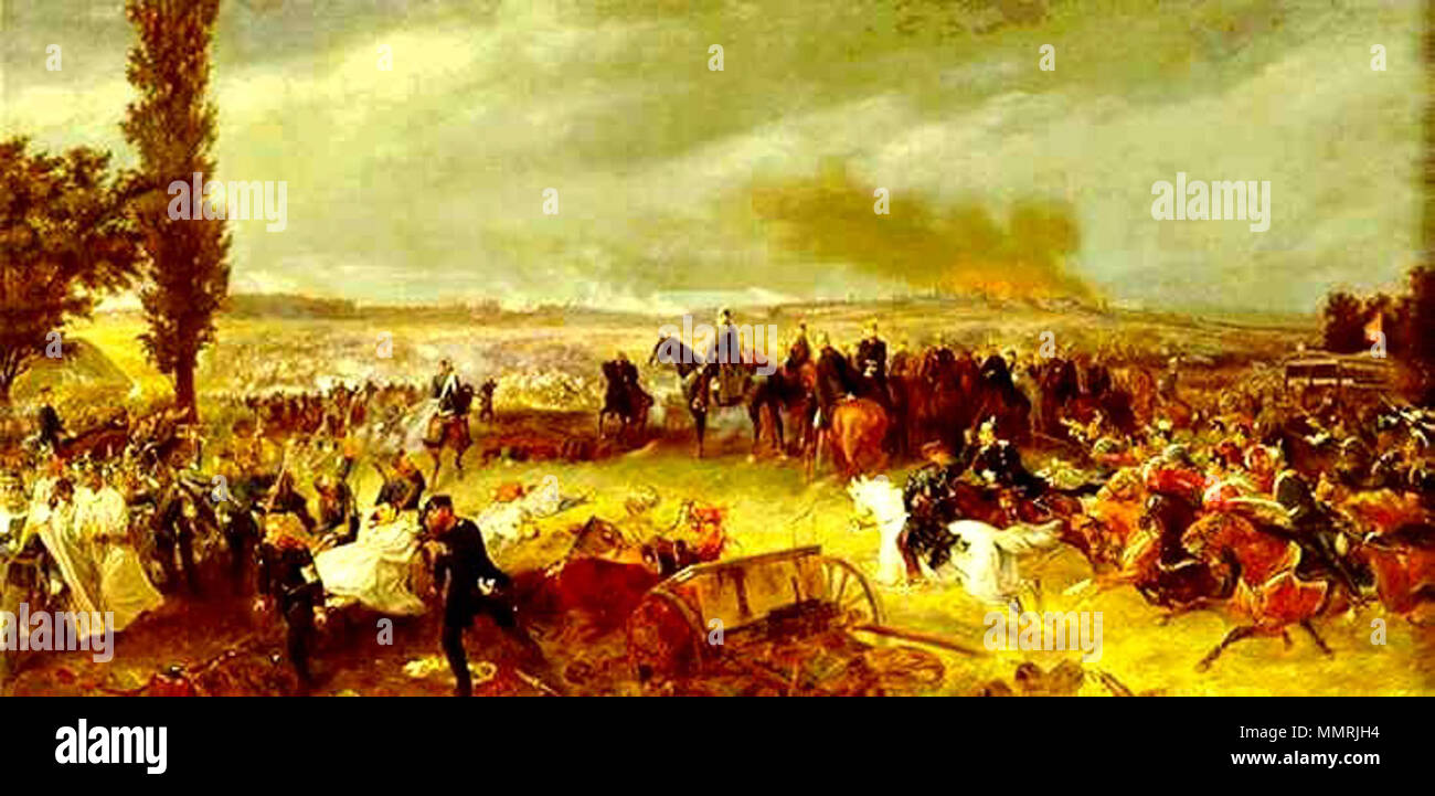 . Deutsch: Der preußische König Wilhelm I., Bismarck und generale Moltke beobachten die größte Umfassungsschlacht der Kriegsgeschichte: Am 3. Juli 1866 standen sich etwa 180.000 Österreicher und 200.000 Preußen gegenüber. 1.500 Geschütze kamen zum Einsatz. Mit dem Sieg der preußischen Armee eröffnete sich der Weg für eine Reichseinigung unter preußischer Führung - ohne Österreich la battaglia di Königgrätz, 3 luglio, 1866. Dopo il 1869. Battaglia di Koniggratz di Georg Bleibtreu Foto Stock