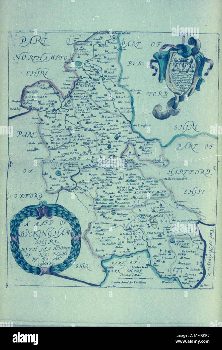 . Mappa di Buckinghamshire a 1:187,500 in Richard Blome, Britannia: o una descrizione geografica dei regni di Inghilterra e Scozia e Irlanda ... con una mappa di ciascuna contea di Inghilterra una Mapp di Buckinghamshire con le sue centinaia. 1673. Librerie di Bodleian, una Mapp di Buckinghamshire con le sue centinaia Foto Stock