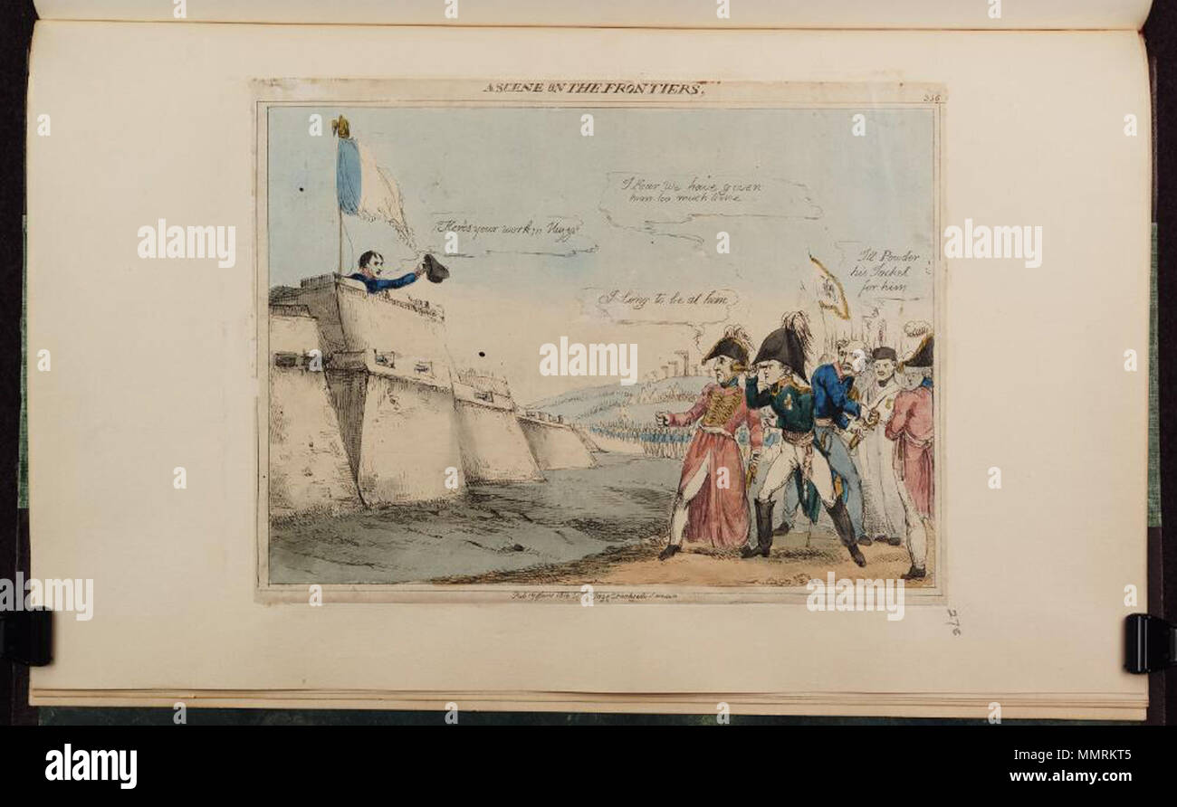 . La satira su Napoleone di ritorno dall'Isola d'Elba e i Cento giorni. (Politico britannico cartoon) una scena sulle frontiere. Il 17 giugno 1815. Librerie di Bodleian, una scena sulle frontiere Foto Stock