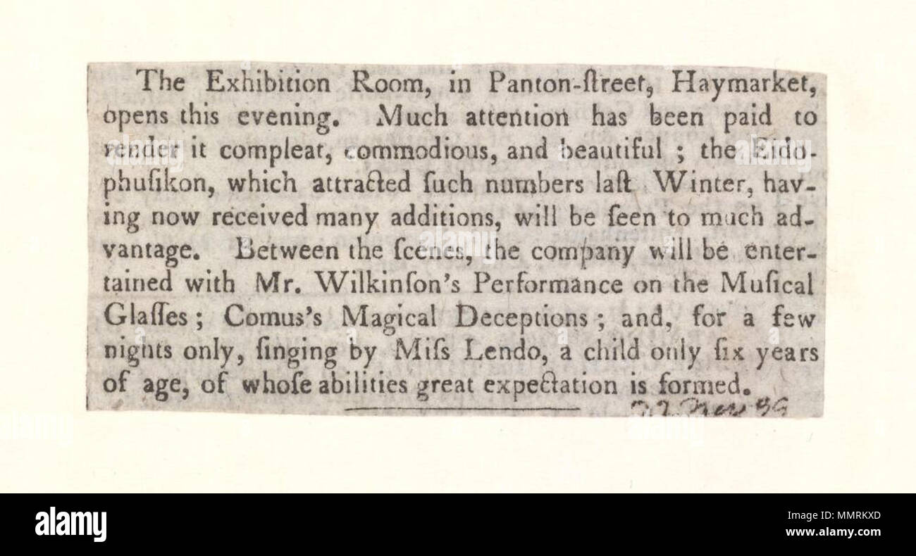 . Annuncio della sala espositiva, [22 nov 99], annunciando la Eidophusikon; Eidophusikon; prestazioni sui vetri armonica; Comus magico di inganni; cantare da Miss Lendo; [Annuncio della sala espositiva, [22 nov 99], annunciando la Eidophusikon ] [Annuncio della sala espositiva, [22 nov 99], annunciando la Eidophusikon ]. Il 22 dicembre 1799. Sala Esposizioni ([Londra], Inghilterra) [autore] Bodleian biblioteche, annuncio della sala espositiva, 22 Nov 99, annunciando la Eidophusikon Foto Stock