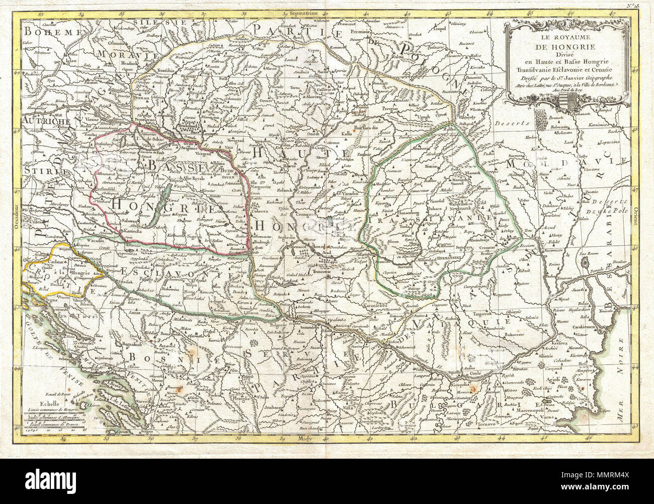 . Inglese: un bellissimo esempio di Le Sieur Janvier's 1771 Mappa del sud-est Europa. Copre gran parte della moderna Ungheria, Romania, Transilvania, Moldavia, Bosnia, Serbia, Croazia, Bulgaria, e parti di Austria, Polonia e Grecia. Un titolo decorativo cartiglio cuscinetto royal crest di Ungheria appare in alto a destra del quadrante. Una bella mappa della regione. Disegnata da J. Janvier nel 1771 per la questione come piastra n. 18 in Jean Lattre's 1776 problema della Atlas moderne . La royaume de Hongrie Divisee en Haute et Basse Hongrie, Transilvanie, Esclavonie et Croatie.. 1770 (non datato). 1770 Janvier Mappa di Ungheria Foto Stock