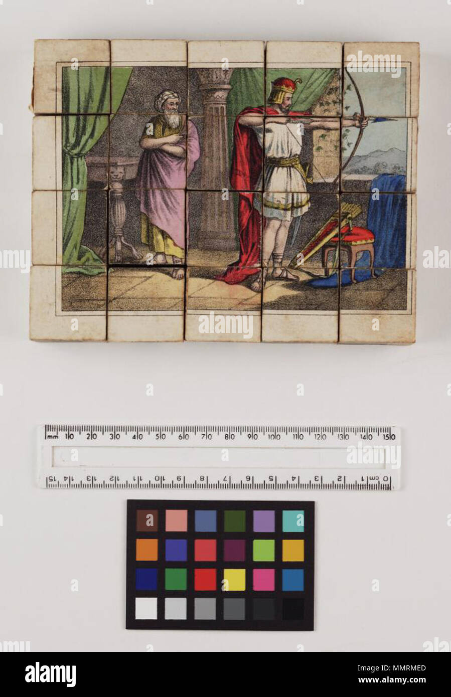 . Gioco di scene bibliche (Untitled); ha impostato dei cubetti stampati su tutte e sei le facce, con 5 modelli (sesta immagine sul coperchio). Un modello è stampato: LES se nro.29. Scatola di legno. Cubi sono di carta-coperto di legno. Scatola di Johnson copia è deformato e danneggiato; [Mosè nel bullrushes]; [Davide e Golia]; immagine 8 [scene bibliche]. [S-a-]. Librerie di Bodleian, scene bibliche Foto Stock