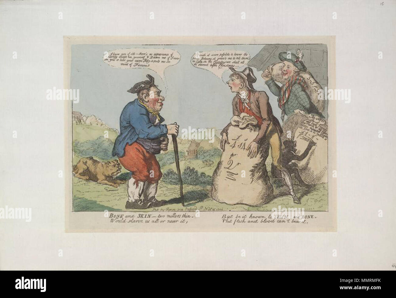 . Satire sulla bolletta di mais e il prezzo del pane. (Politico britannico cartoon); un commento sull'alto prezzo del grano alla fine del 1804, per cui Pitt's Corn Bill è stato imputato. John Bull è richiamare l'ultimo cattivi raccolti, nel 1799-1801, durante la Pitt precedente del ministero. Ossa e pelle. Il 19 novembre 1804. Librerie di Bodleian, ossa e pelle Foto Stock