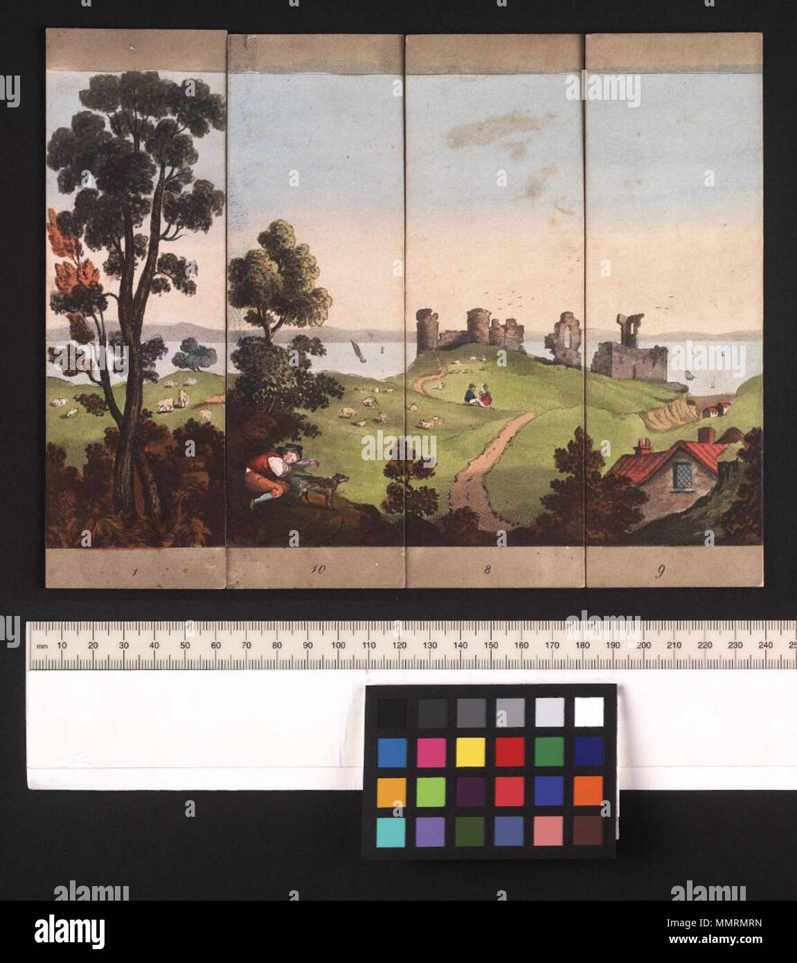 . Gioco del 1824 intitolata Choriorama, e la gioventù di istruttore nell'arte del comporre & disegno paesaggio paesaggio; contiene 16 colorate a mano numerati in strisce che possono essere disposti per formare molti paesaggi. Le quattro pagine di copertina le istruzioni di ombreggiatura, colorazione, nuvole, viola, grigio, ricche tinte autunnali, marroni, Ocra Romana, giallo ocra. Scatola di Johnson copia è leggermente danneggiato; Carlow Castle (immagine sulla scatola); Abbazia di Byland 2, 13, 14, 16; Southampton 2, 5, 6, 16; Hastings Castle 1, 10, 8, 9; Tintern Abbey 1, 3, 4, 15; il castello di Sandford e isola di Portland 2, 11, 12, 16; l'immagine 5 Choriorama, e della gioventù ins Foto Stock