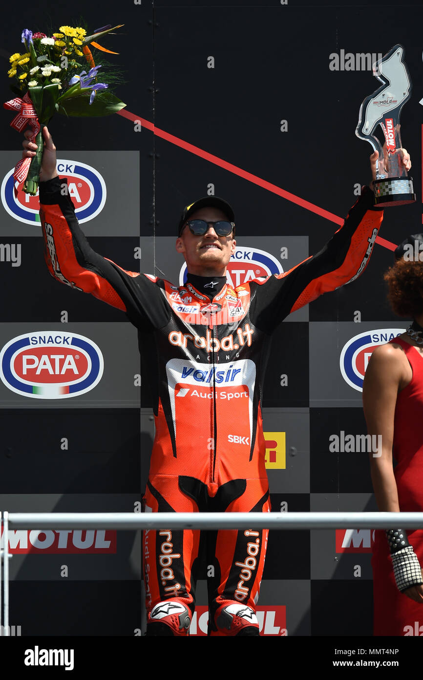 Imola, Italia. 13 maggio 2018. La Superbike di biciclette in gara 2 a Imola Autodromo Dino e Enzo Ferrari per il round italiano di Imola, Italia. 13 maggio 2018. Il campionato Superbike. Nella foto: 7 Chaz Davies GBR Ducati Panigale R (Aruba.it Racing Ducati). 13/05/2018, Imola, Italia Credit: Indipendente Photo Agency Srl/Alamy Live News Foto Stock