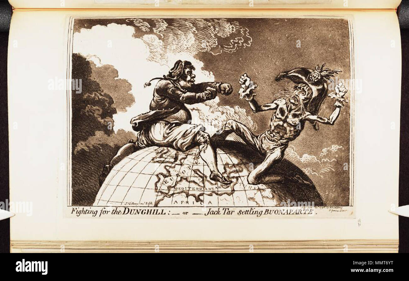 . La caricatura di Napoleone I. (politico britannico cartoon); Jack Tar e Napoleone, rappresentato come una figura scheletrica, impegnarsi in un fistfight in Europa, arroccato sulla cima di un globo. Il Sailor's hat porta una lettura di banda Britannia regole onde, mentre Napoleone ha una sanguinosa naso e il nome della marca Nelson sul suo ventre.; non colorati in lotta per il letamaio: -- OPPURE --: Jack Tar settl'ing Buonaparte. Il 20 novembre 1798. Librerie di Bodleian, in lotta per il letamaio- o - Jack Tar settl'ing Buonaparte Foto Stock