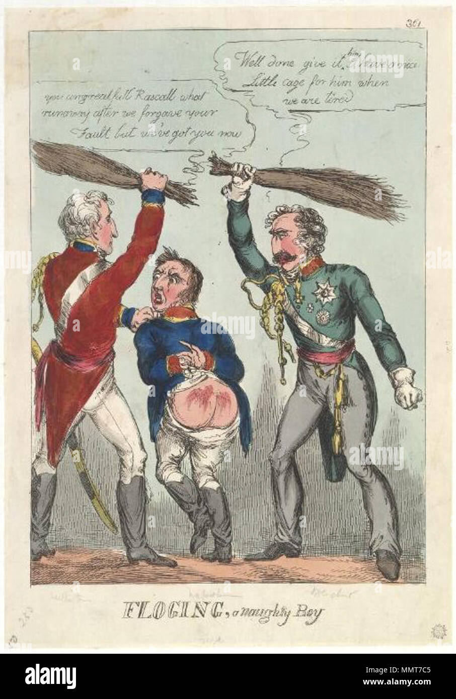 . La satira su la battaglia di Waterloo. (Politico britannico cartoon); Wellington e Blucher battere Napoleone con aste di betulla.; editore numero: 361. Timbro di inchiostro del fiore. Attribuzione di da BMC. Publisher da BMC Floging, un cattivo ragazzo. [1815.06]. Librerie di Bodleian, Floging, un naughty boy Foto Stock