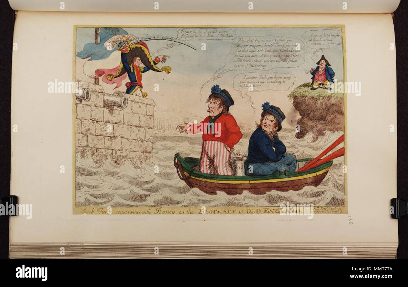 . Satira delle guerre napoleoniche e le restrizioni sul commercio. (Politico britannico cartoon) Jack Tars conversando con Boney sul blocco di vecchia Inghilterra. Dicembre 1806. Librerie di Bodleian, Jack Tars conversando con Boney sul blocco di vecchia Inghilterra Foto Stock