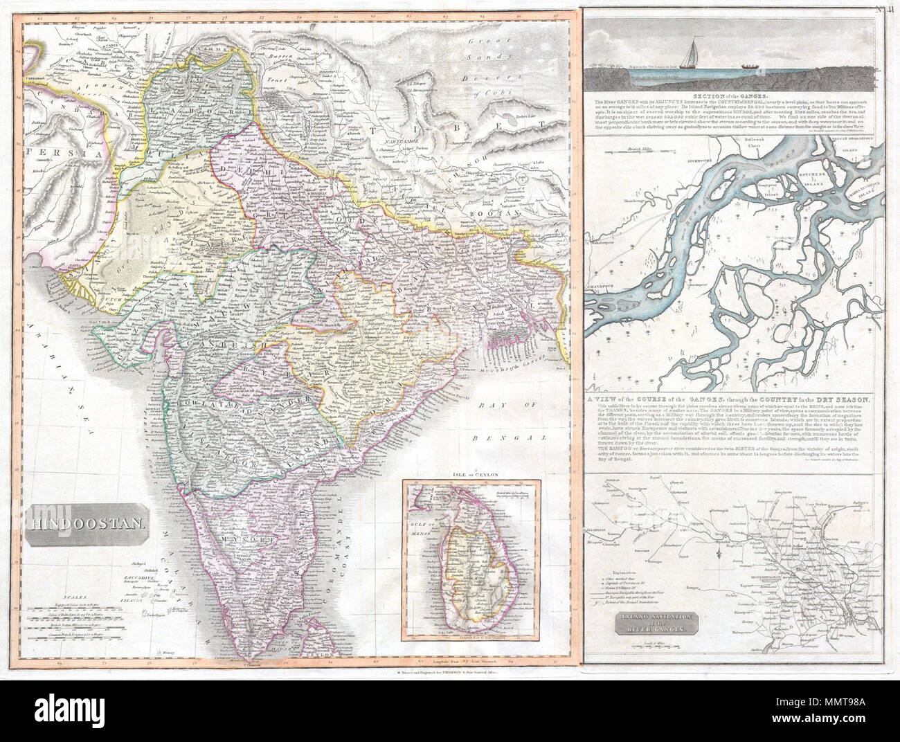 . Inglese: un magnifico mappa e le più rare della Thomson India serie. Questo è il 1814 mappa dell'India con inserto mappe del Fiume Gange a Edimburgo il cartografo John Thomson. Raffigura tutta l'India da Lahore verso il minimo di Ceylon (Shi Lanka). Lato destro della mappa è dedicata a una mappatura accurata del Fiume Gange. Include una sezione trasversale del Gange, una mappa del corso del Gange nella stagione asciutta e una mappa di navigazione navigazioni percorsi lungo il fiume dalla baia del Bengala di Allahabad. Questa mappa la magnifica dimensioni, colori splendidi e ad alto dettaglio rendono questo uno Foto Stock