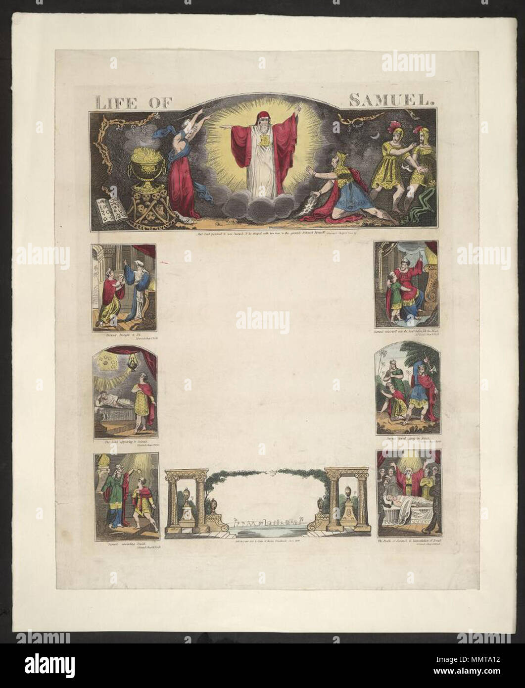 . La scrittura di blank intitolata Vita di Samuele; riferimenti biblici dato con ogni didascalia; e Saul comprese che era Samuele, & egli si abbassò con la faccia a terra e si prostrò; Samuel ha portato ad Eli; Samuele il ministro sarebbe l'Eterno alla presenza del sacerdote Eli; Signore apparendo a Samuele; Samuele Agag tagliò in pezzi; Samuele unzione Davide; la morte di Samuel & lamento di Israele; la vita di Samuel Vita di Samuele. 1838. Librerie di Bodleian, la vita di Samuel Foto Stock