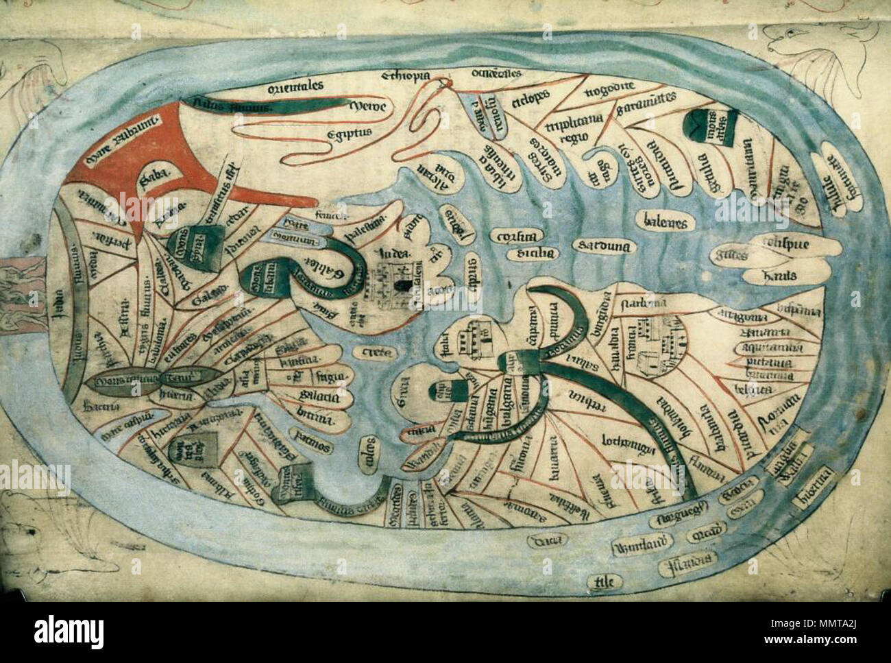 . Mappa su carta, dimostra la mancanza di contorni, ad eccezione delle isole britanniche e il squiggle che rappresenta il Mar Rosso e il Golfo Persico, nel manoscritto inglese di Ranulf Higden, Polychronicon. [Mandorla Mappamondo]. circa 1400. Librerie di Bodleian, mandorla Mappamondo Foto Stock