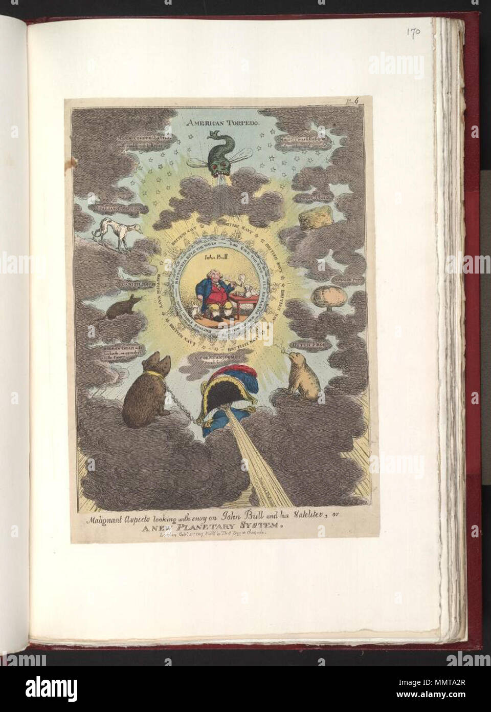 . La satira su le guerre napoleoniche. (Politico britannico cartoon); John Bull si siede in un cerchio chiuso dalla Marina Britannica e i titoli delle canzoni navale. Al di là sono le nuvole scure e satirico di emblemi della Gran Bretagna i nemici e i paesi che facevano parte del sistema continentale.; editore della serie: Panoramica 6 [alterata da 7] aspetti maligni guardando con invidia su John Bull e i suoi satelliti o: un nuovo sistema planetario. Il 21 ottobre 1807. Librerie di Bodleian, aspetti maligni guardando con invidia su John Bull e i suoi satelliti, o- un nuovo sistema planetario Foto Stock