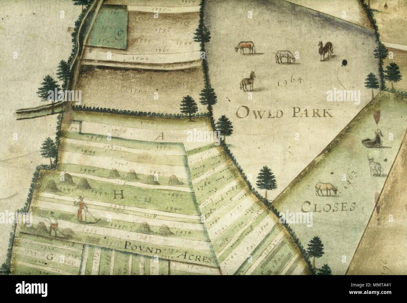 . Dettaglio del cancelletto acri, con un uomo e una donna e il pascolo di bestiame nel Parco Owld chiude [Mappa di Laxton: angolo sud-ovest]. 1635. Librerie di Bodleian, Mappa di Laxton- angolo sud-ovest Foto Stock