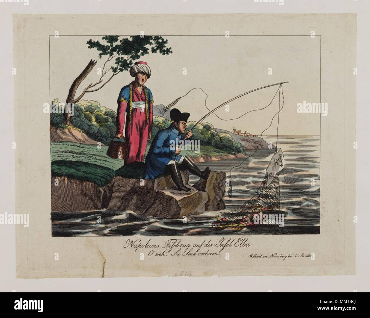 . Politica tedesca cartoon; i marginalia - data:1814 (centro inferiore); illeggibili i marginalia sul retro della stampa; Napoleone Fischzug auf der Insel Elba: O weh! Sie sind verloren. Giugno 1797. Librerie di Bodleian, Napoleone Fischzug auf der Insel Elba- O weh Sie sind verloren Foto Stock