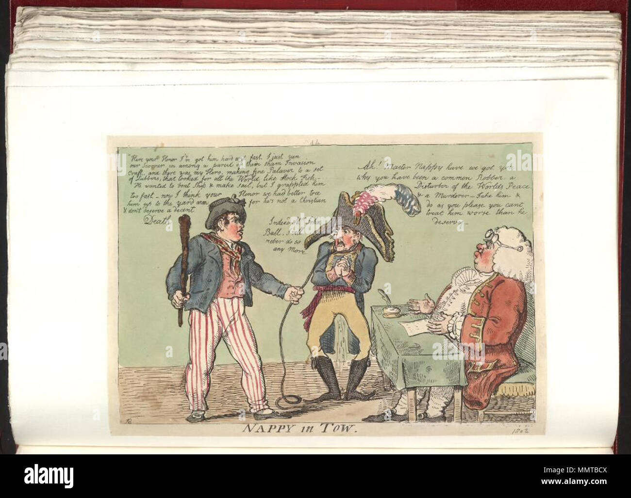 . La satira sul timore di invasione francese, 1794-1805. (Politico britannico cartoon); Jack Tar con un randello di quercia in una mano, offre un terrore colpite da Napoleone, che bagna i calzoni, di un grasso e ben vestito John Bull, che siede a un tavolo il calcolo della sua contabilità.; non in BMC pannolino in matassa. [1803]. Librerie di Bodleian, pannolino in tow Foto Stock