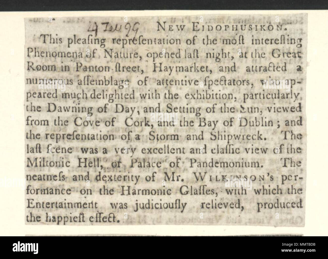 . Annuncio del 4 febbraio 1799, che annuncia il nuovo Eidophusikon; Nuovo Eidophusikon; prestazioni sui vetri armonica; Nuovo Eidophusikon nuovo Eidophusikon. 4 febbraio 1799. Librerie di Bodleian, Nuova Eidophusikon Foto Stock