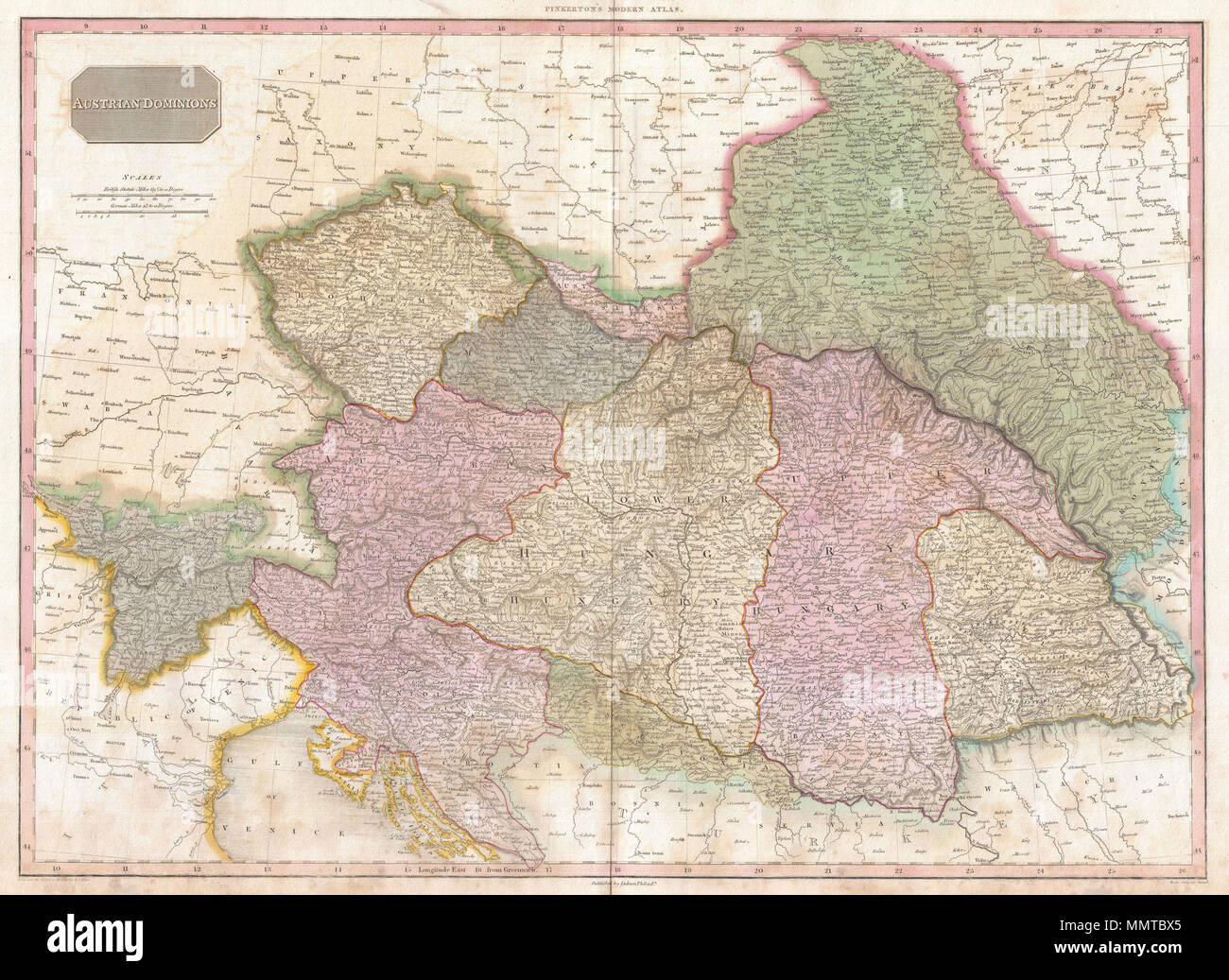 . Inglese: Pinkerton è straordinario 1818 mappa dei domini austriaci. Copre l'impero austro-ungarico all'altezza della sua influenza. Include la Boemia, Tirolo, Austria, Croazia e Slavonia, Ungheria, Transilvania, e parti della Polonia. Offre notevole dettaglio con le divisioni politiche e la codifica a colori a livello regionale. Identifica città, castelli, importanti siti di battaglia, castelli, paludi, delle montagne e del fiume modi. Piastra del titolo nel quadrante superiore sinistro. Due scale di miglio, in tedesco e inglese statuto miglia, appaiono anche nel quadrante superiore sinistro. Disegnata da L. Herbert e incisi Foto Stock