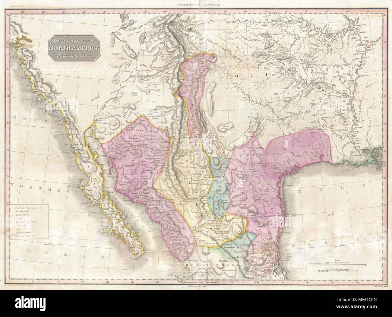 . Inglese: possibilmente migliori mappa commerciale del sud-ovest americano ad apparire nella prima parte del XIX secolo. Prodotto da John Pinkerton e in gran parte basato sulle esplorazioni di Alexander von Humboldt, Questa cartina copre dal San Francisco Bay al delta del Mississippi e dal lago Timpanagos (grande Salt Lake area) a Veracruz e Guadalajara. Anche se apparentemente simile a John Thompson la mappa della stessa regione, Pinkerton la mappa in realtà una ben diversa e di gran lunga superiori mappa. L'intera mappa è a filo con un livello di dettaglio che è a dir poco incredibile. Pinkerton utilizza un cl Foto Stock