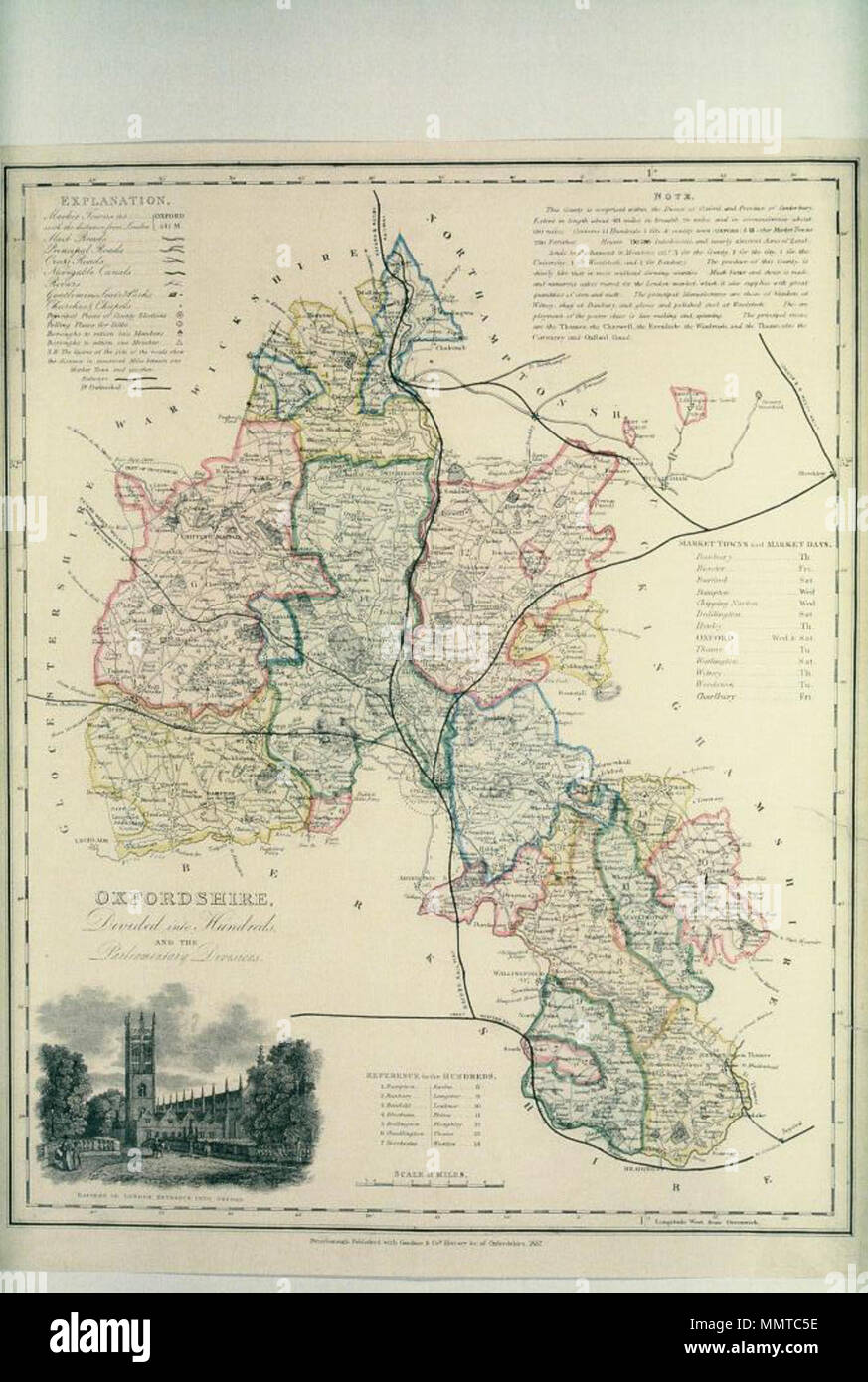 . Mappa di Oxfordshire, con inserto in vista di Magdalen College, da "La storia, dizionari geografici, e la directory della contea di Oxford'. Oxfordshire diviso in centinaia e le divisioni di parlamentare. 1825. Librerie di Bodleian, Oxfordshire diviso in centinaia e le divisioni parlamentare Foto Stock