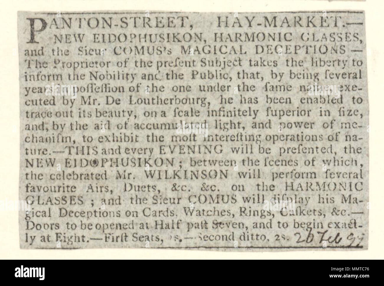 . Annuncio del 26 febbraio 1799, che annuncia il nuovo Eidophusikon e Sieur Comus magico di inganni; Nuovo Eidophusikon; prestazioni sui vetri armonica; Panton-Street, Haymarket Panton-Street, Haymarket. Il 26 febbraio 1799. Librerie di Bodleian, Panton-Street, Haymarket 87 Foto Stock