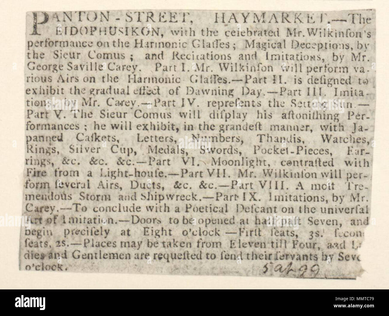 . Annuncio del 27 novembre 1799, annunciando la Eidophusikon; Eidophusikon; prestazioni sui vetri armonica; Sieur Comus's magaical inganni; cantare da Miss Lindoe; Panton-Street, Haymarket Panton-Street, Haymarket. Il 27 novembre 1799. Librerie di Bodleian, Panton-Street, Haymarket Foto Stock
