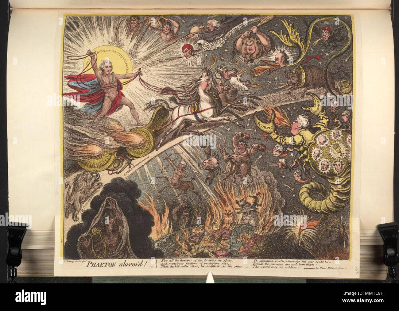 . La satira su Portland secondo del ministero e la caricatura di George Canning. (Politico britannico cartoon); un cartoon in lode di George Canning. I fantasmi di Pitt (con un eroe di allori) e Fox (con un forcone in hellfire) fiancheggiano un globo di masterizzazione su cui Napoleone rides montata su l'orso russo. Phaeton allarmato!. Il 22 marzo 1808. Librerie di Bodleian, Phaeton allarmato Foto Stock