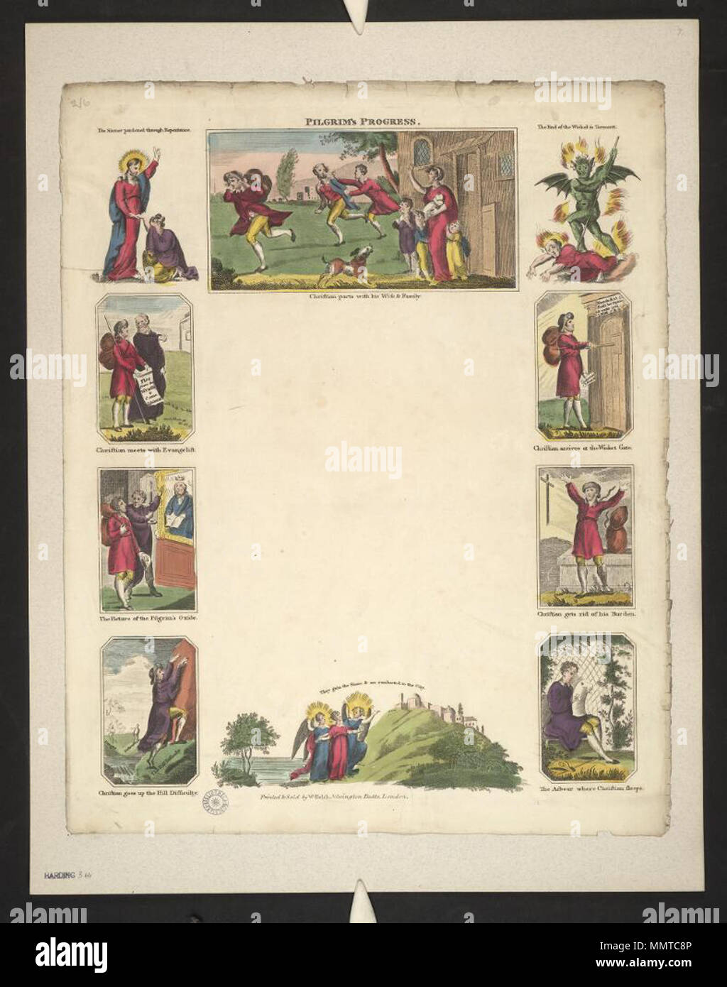 . La scrittura di vuoto 1784 intitolato Il pellegrinaggio cristiano; lascia la città di distruzione e incontra Evangelista; Evangelista; il sig. John Bunyan; cristiano entra il paletto porta; cristiani deriva alla croce e viene facilitata del suo fardello; Christian risale la collina difficoltà; Palazzo chiamati belli, cristiana ha paura del Lions; Christian combatte Appollyon; Christian passa la Valle dell'ombra di morte; Christian & speranzoso fuga dal castello di dubbioso; pellegrini dopo tante difficoltà nella vita, passare il fiume per raggiungere la felicità eterna; Pilgrim's Progress Pilgrim's Progress. Il 17 dicembre 1785. B Foto Stock