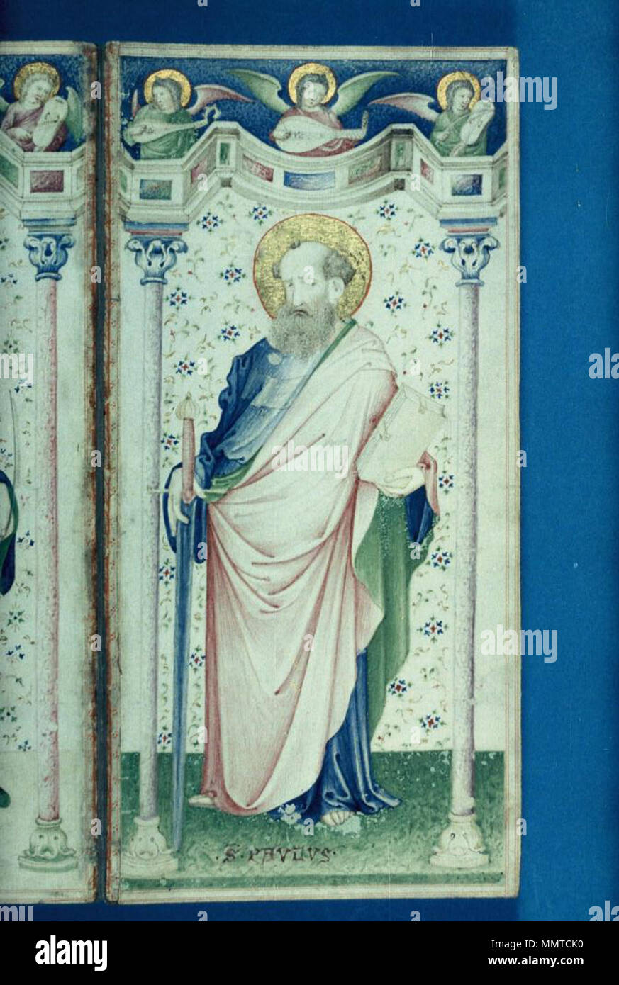 . Illuminato veneziano portolan codex [Portolan codex con dittico, diritto miniaturizzato devozionale: San Paolo, un voyager su Mediterraneo]. 1400. Librerie di Bodleian, Portolan codex con dittico, diritto miniaturizzato devozionale- St Paul, un voyager su mediterraneo Foto Stock