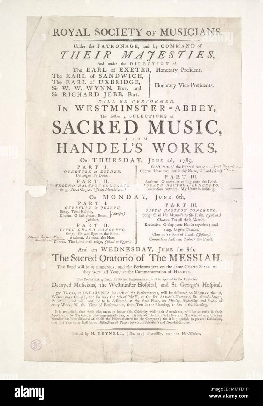 . Concerto bill of Westminster Abbey, Giovedì, Giugno 2nd, 1785 a mercoledì, giugno 8th, annunciando a rappresentazioni di opere sacre di Handel a beneficio del Fondo per musicisti decaduto; "elezioni di musica sacra da Handel opere dell'. "La band sarà come numerose e le prestazioni sullo stesso grande scala come erano lo scorso anno; alla commemorazione di Handel'. Leggermente danneggiato. Ha le annotazioni manoscritte, aggiungendo due pezzi di bill; Esther (ouverture); Dettingen Te Deum; Seconda hautboy concerto; pii orge; inno funebre; [morto nel marzo Saul]; quanto è magnifico il tuo nome; Giuseppe (ouverture); Foto Stock