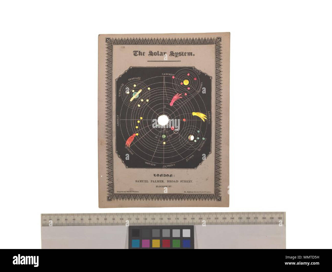 . Gioco intitolato Il sistema solare; indietro è overpasted con il tessuto, che è poi stata colorata a mano; Cancro Leo; Virgo; Libra; Scorpione; Sagit; Capri; Aqua; Pesci; Aries; Taurus; Gemini; immagine 1 sistema solare. 1830. Palmer, Samuel [autore] Bodleian biblioteche, sistema solare 107 Foto Stock