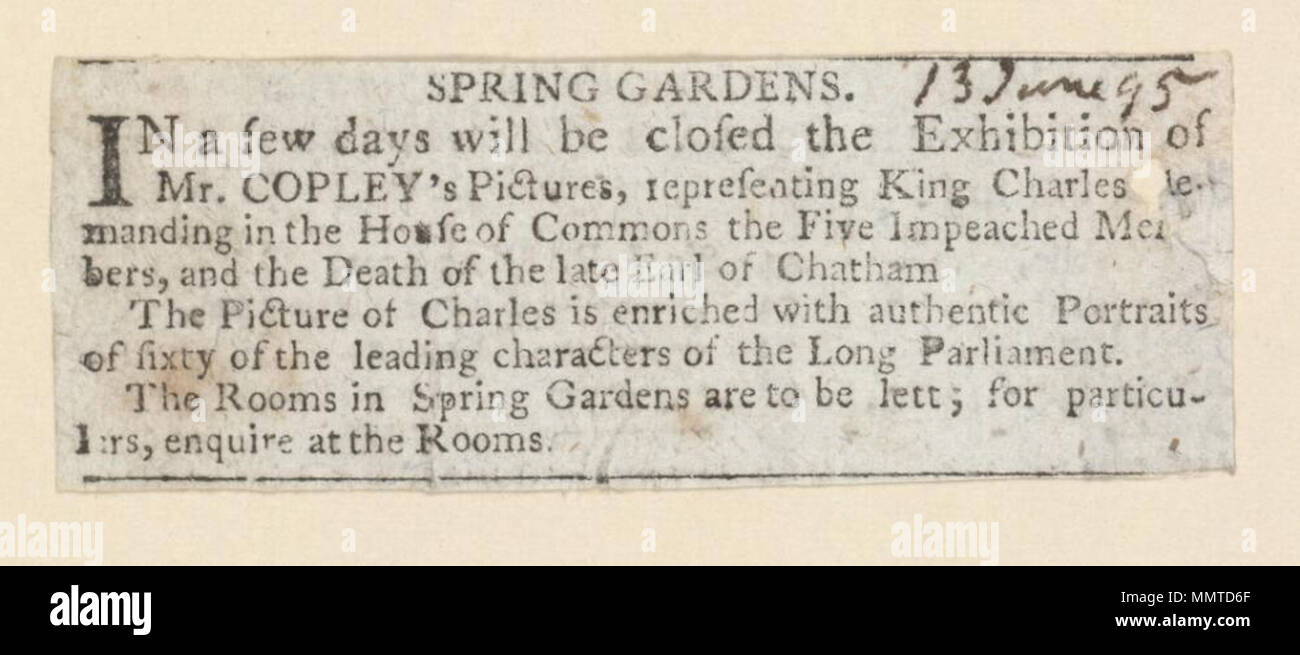 . Newscutting relative alla mostra del sig. Copley immagini presso la grande sala, giardini in primavera; mostra di foto; Spring-Gardens Spring-Gardens. Il 13 giugno 1795. Ottima Camera, Spring Gardens ([Londra], Inghilterra) [autore] Bodleian biblioteche, Spring-Gardens Foto Stock