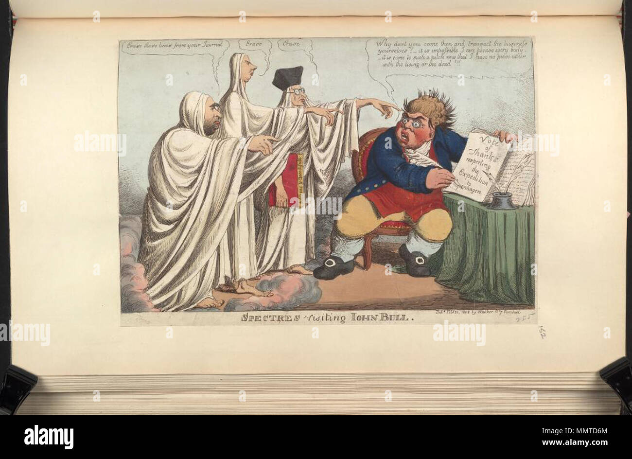 . La satira su assedio di Copenaghen. (Politico britannico cartoon); i fantasmi di Fox, Pitt e Burke sembrano John Bull, condannando la spedizione danese di 1807.; attribuzione da BMC fantasmi visitando Iohn Boll. Il 23 febbraio 1808. Librerie di Bodleian, fantasmi visitando Iohn Bull Foto Stock