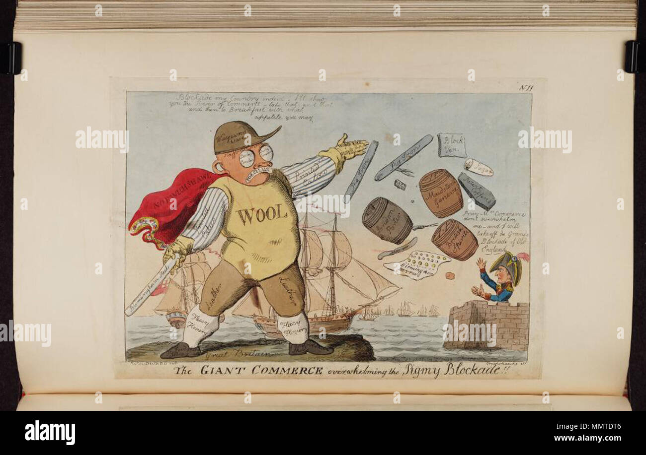 . Satira delle guerre napoleoniche e le restrizioni sul commercio. (Politico britannico cartoon) il gigante del commercio di sopraffare il blocco pigmea!!. Il 27 gennaio 1807. Librerie di Bodleian, il gigante del commercio di sopraffare il blocco pigmea Foto Stock