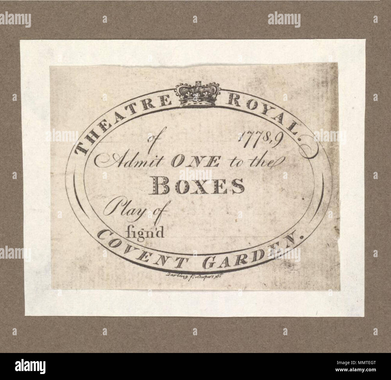 . Biglietto per il Covent Garden, 1778,9; "di -- 1778,9 ammettere uno per le scatole. Gioco di -- segno'd.' sporchi e leggermente danneggiato; [vuoto]; [Biglietto per Covent Garden, 1778,9 ] [Biglietto per Covent Garden, 1778,9 ]. 1778. Il Covent Garden ([Londra], Inghilterra) [autore] Bodleian biblioteche, Biglietto per il Covent Garden, 1778,9 Foto Stock