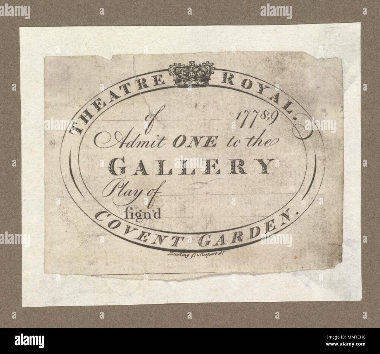 . Biglietto di Covent Garden, 1778,9; "di -- 1778,9 ammettere uno alla fossa. Gioco di -- segno'd'. Sporchi e leggermente danneggiato; [vuoto]; [Biglietto di Covent Garden, 1778,9 ] [Biglietto di Covent Garden, 1778,9 ]. 1778. Il Covent Garden ([Londra], Inghilterra) [autore] Librerie Bodleian, biglietto di Covent Garden, 1778,9 Foto Stock