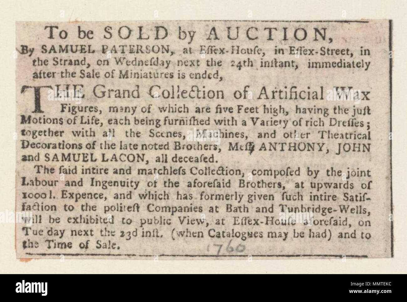 . Newscutting relative ad un' asta di cera artificiale figure; 1760 (manoscritto); per essere vendute all'asta da Samuel Paterson... immediatamente dopo la vendita di miniature è finito per essere vendute all'asta da Samuel Paterson... immediatamente dopo la vendita di miniature è terminato. 1760. Essex House ([Londra], Inghilterra) [autore] Bodleian biblioteche, per essere vendute all'asta da Samuel Paterson... immediatamente dopo la vendita di miniature è terminata Foto Stock