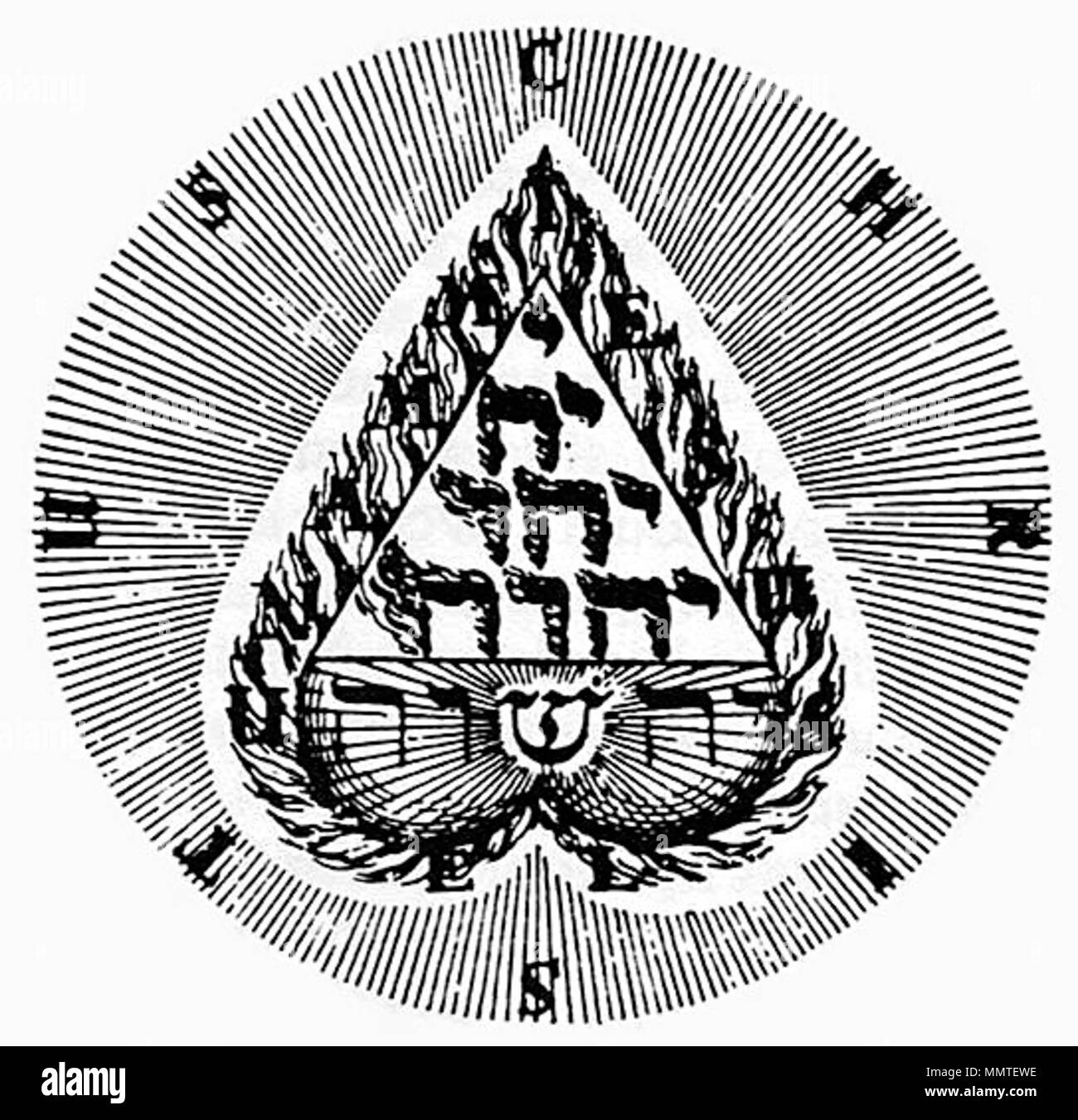 . Simbolo di inizio del XVII secolo il mystic Jakob Böhme, compresi i nomi di "Christus", "Iesus" (Gesù), e 'Immanuel' che circondano un cuore invertito contenente un Tetractys delle lettere ebraiche del tetragrammaton, e in fondo la Pentagrammaton. . 1730. Böhme Jakob Boehme cuore Foto Stock