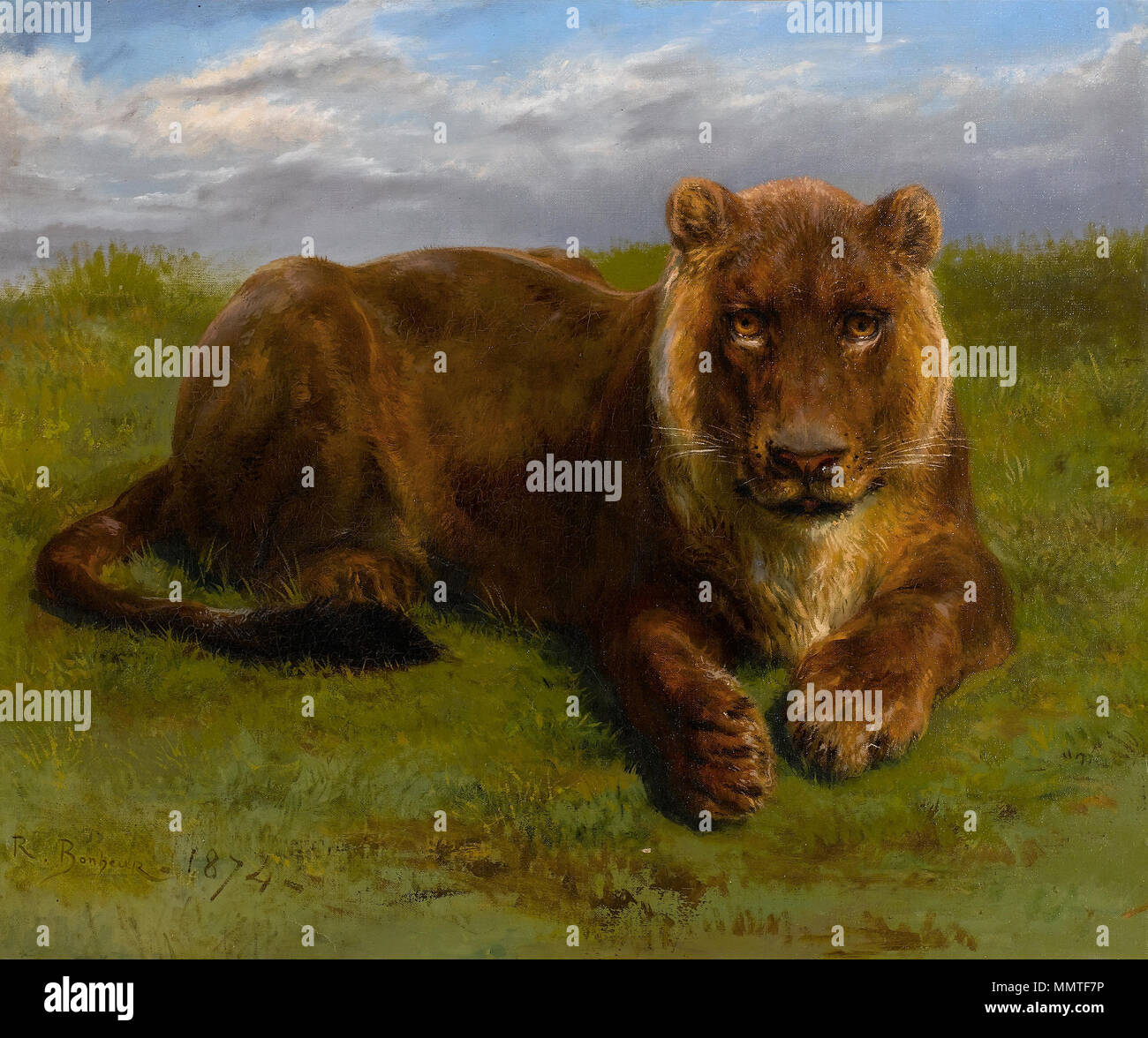 Inglese: leonessa in posa Français : Lionne posant . 1874. Rosa Bonheur - Lionne posant Foto Stock