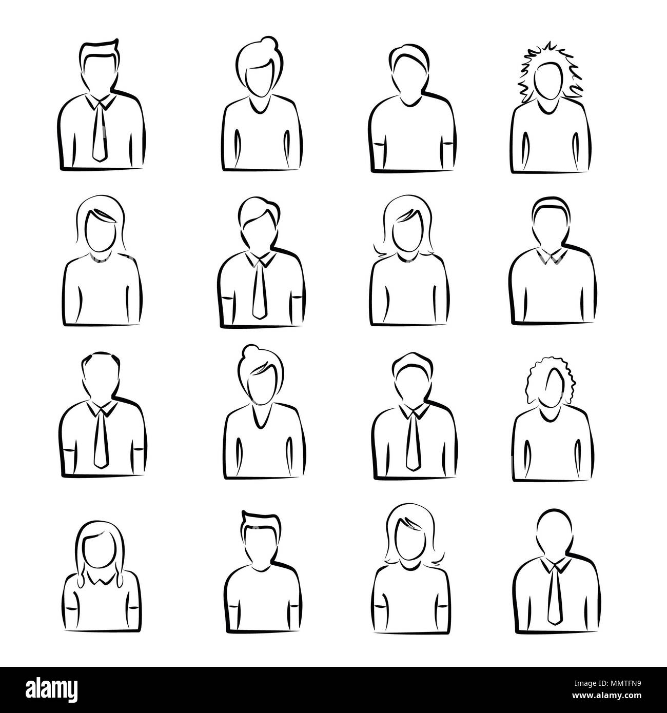 Una collezione di disegnò la gente le icone in bianco e nero Foto Stock