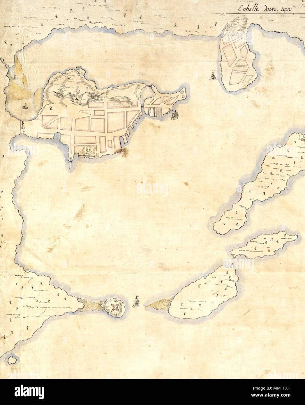 . Dettaglio da un 1692 mappa francese del porto di Boston. La penisola di Shawmut, sito di Boston è in alto a sinistra con Charlestown in alto al centro. Isola del castello è visibile in basso a sinistra. . 1692. Pierre d'Au de Jolliet Boston1692 Foto Stock