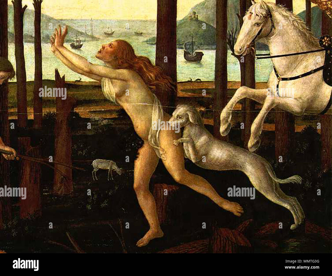 Inglese: la storia di Nastagio degli Onesti (dettaglio del primo episodio) . circa 1483. Botticelli, Nastagio degli Onesti 01.2 Foto Stock