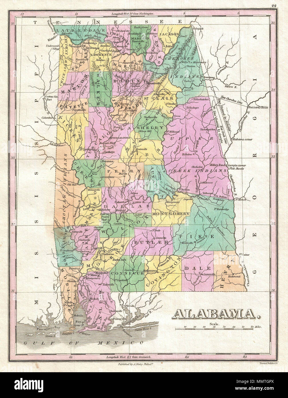 . Inglese: un bellissimo esempio di Finley importante 1827 mappa di Alabama. Mostra lo stato con moderata dettaglio in Finley del classico stile minimalista. Mostra modi di fiume, strade, canali, e alcuni elementi topografici. Offre la codifica a colori a livello di contea. Finley la mappa di Alabama è particolarmente interessante e importante a causa del suo ruolo di rapidamente cambiando American Indian situazione nella parte orientale dello stato. Nel 1827 una parte sostanziale del nord-est Alabama è stato un limitato territorio assegnato alla tomaia Creek e Cherokee nazioni. Finley dettagli mappa di diverse parti bor Foto Stock