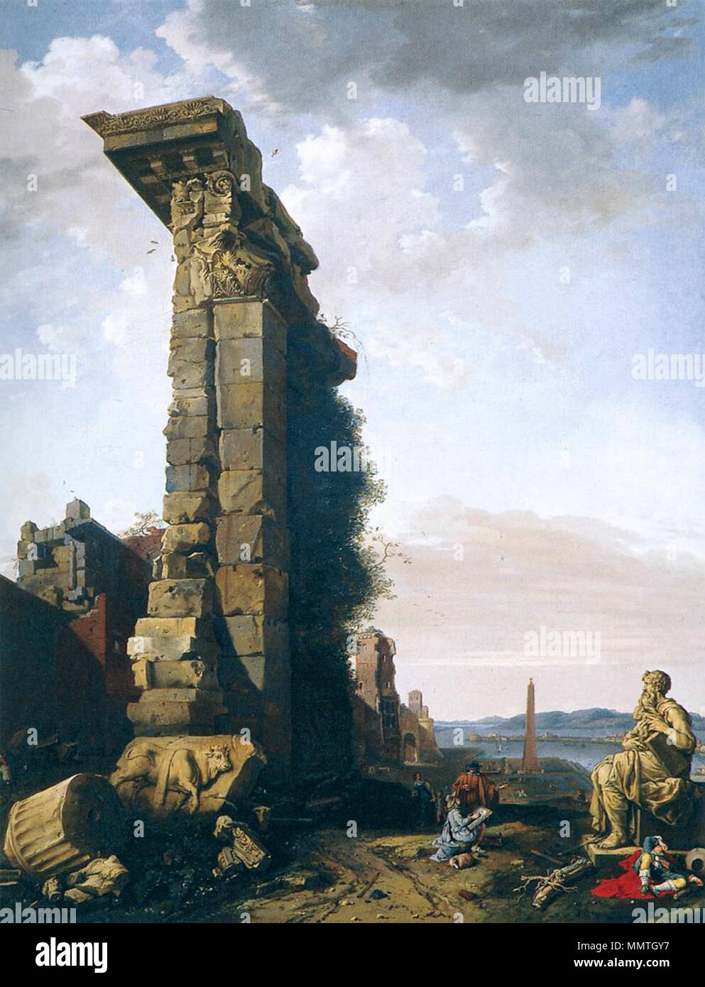 Inglese: Vista idealizzato con le rovine romane, sculture e una porta . circa 1650. BREENBERGH, Bartholomeus idealizzato vista con le rovine romane, sculture e una porta Foto Stock