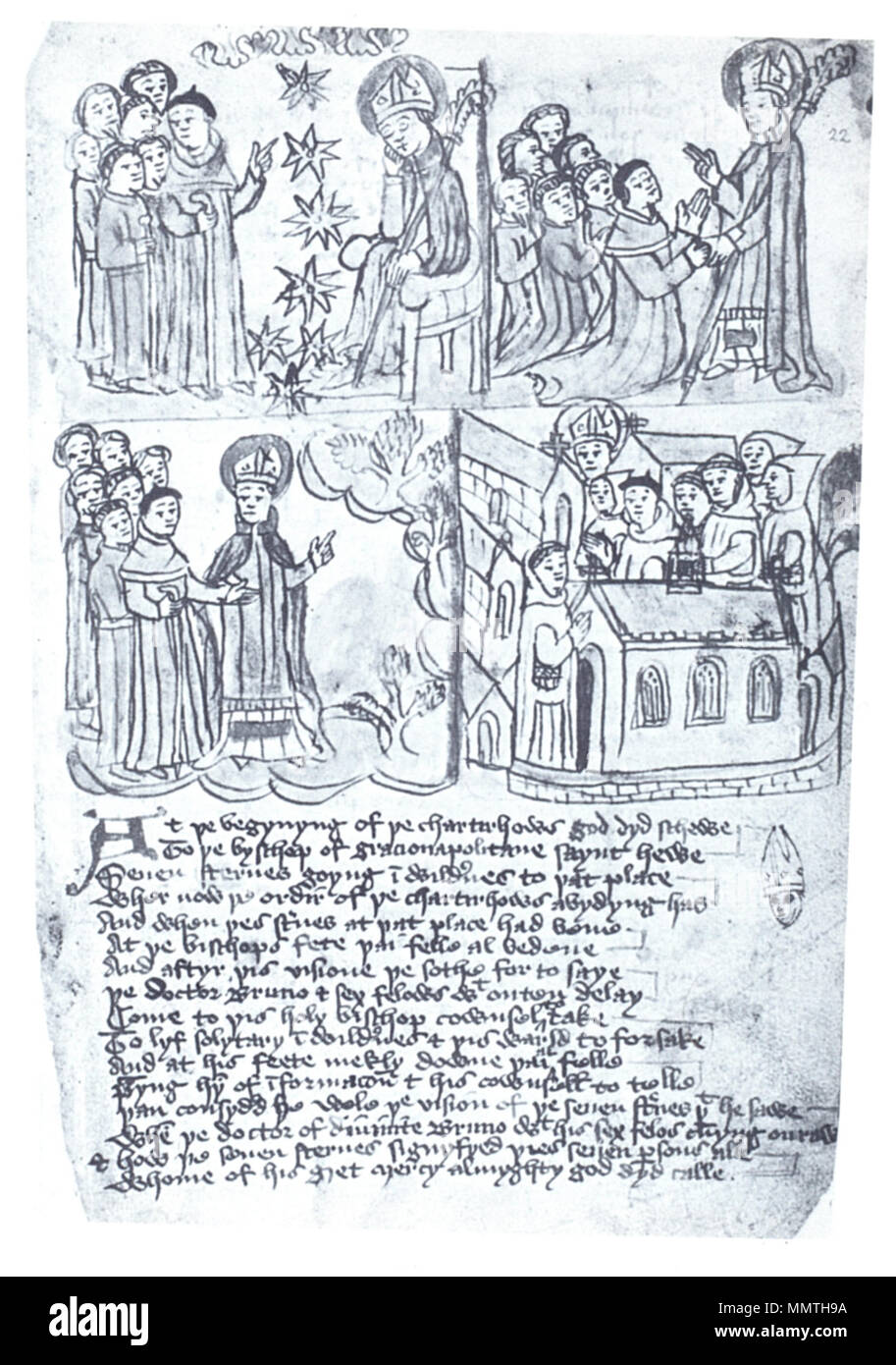 . Inglese: scansione di folio 22r della British Library 37049 aggiuntive, un illustrato Yorkshire certosino Miscellanea religiosa. Le quattro figure sono state descritte come segue: quattro disegni illustrano il ruolo di St. Hugh, Vescovo di Grenoble, nella fondazione della madre-casa dell'Ordine dei Certosini, il Grand Chartreuse. (Da p. 25 della citata sorgente.) nella prima immagine St. Hugh, sia obliquo e nimbed, siede sul suo trono episcopale, sognando le sette stelle. Questi cadono a terra, dividendo la veggente vescovo nella sintassi visiva dell'immagine da Bruno, in un medico della PAC, e Foto Stock