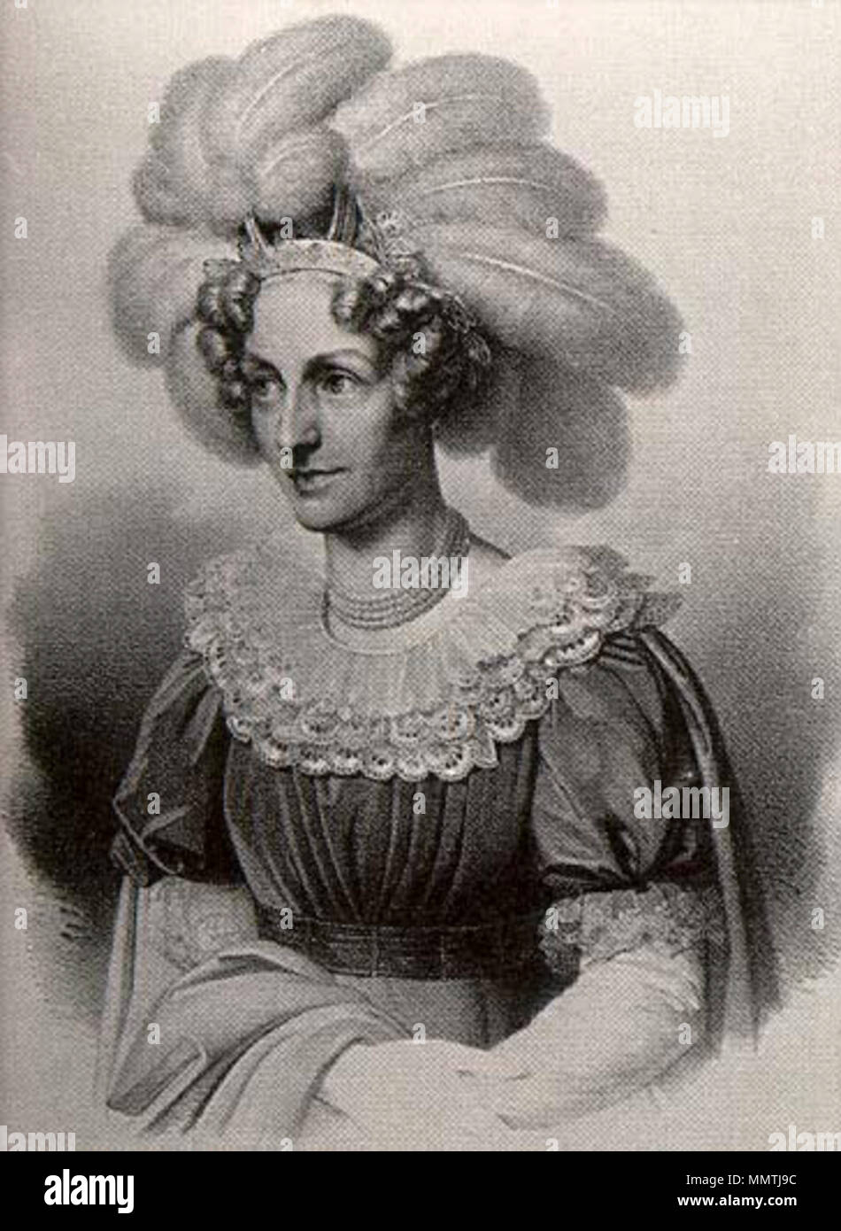 . Inglese: Ritratto di Maria Teresa d'Austria (1767-1827) Deutsch: Maria Theresia Josepha von Österreich, 1767-1827, Erzherzogin von Österreich, Tochter von Kaiser Leopoldo II, Königin von Sachsen, Frau von König w:DE:Anton (Sachsen). Lithographie von C. Nogel. Gedruckt von Louis Zoellner in Atelier von Lemercier. Parigi 1829 dimensioni 280 x 230 mm, S 545 x 405 mm Note Ex. Col Casa Savoia. Dettaglio . 1829. Maria Theresia Josepha Habsburg Sachsen 1767 1827 Lastre Litografiche Foto Stock