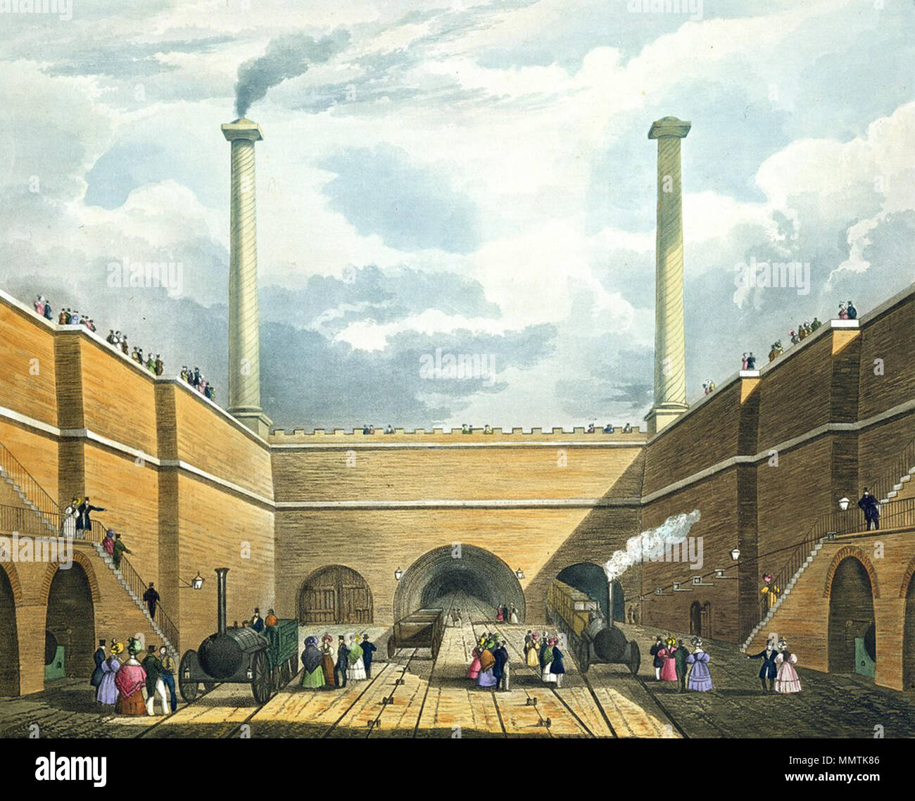 . Inglese: il bordo originale Hill Station inaugurato nel 1830 dal Liverpool e Manchester ferroviaria in Liverpool, guardando ad ovest. La stazione era situato in un profondo taglio. Il doppio tunnel nel centro dell'immagine (l'Wapping tunnel) scende a Wapping dock sul lungomare. Il tunnel a destra va fino al passeggero originale terminus a Crown Street. L'ingresso a sinistra è andato solo a un negozio creato per simmetria; più tardi una doppia curvatura del tunnel fino al Crown Street oltre il Wapping tunnel è stato creato qui nel 1840s. I due grandi camini, soprannominato il "pilastri di Hercul Foto Stock